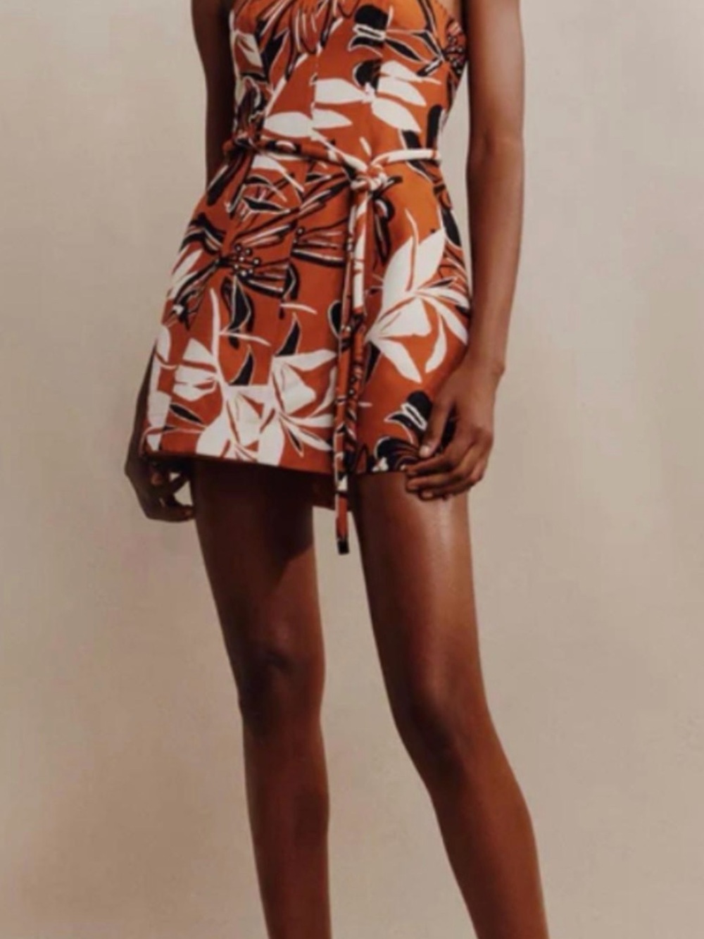 Shona Joy Rust Floral Mini Dress with White & Black Print